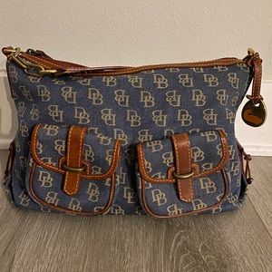 Jean material, brown leather, shoulder purse